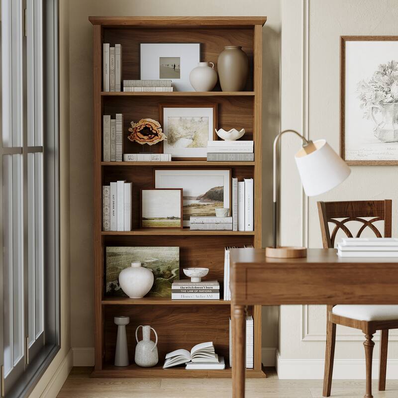 Farmhouse Wooden 5-Shelf Bookshef Bookcase for Living Room