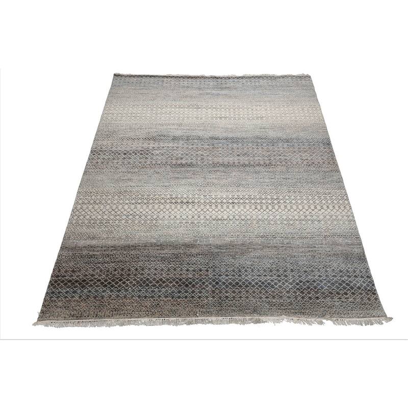 Beige Tibetan Wool & Bamboo Silk Hand Knotted Rug Geometric Style - 8' x 10'