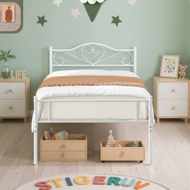 VECELO Victoria Metal Platform Bed Frames with Heart Pattern Headboard 12.6" Underbed Space No Box Spring Required - White - Twin