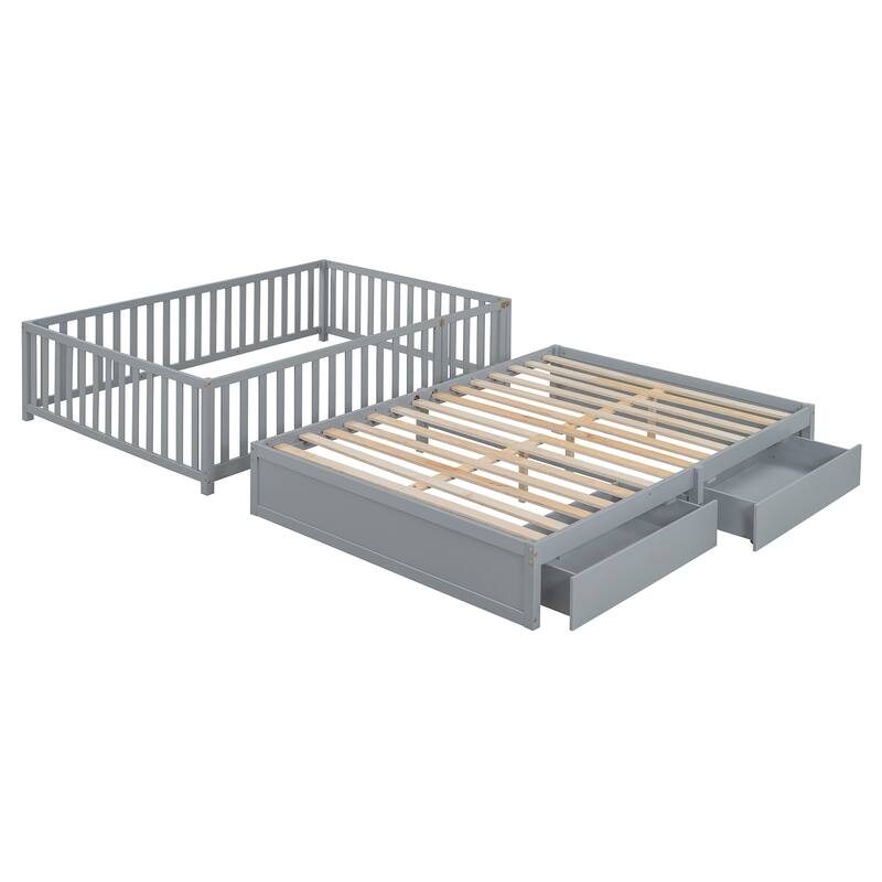 Pine Wood Daybed Floor Bed Frame with Fence Guardrails and 2 Drawers, Converts into Two Individual Beds, No Box Spring Needed