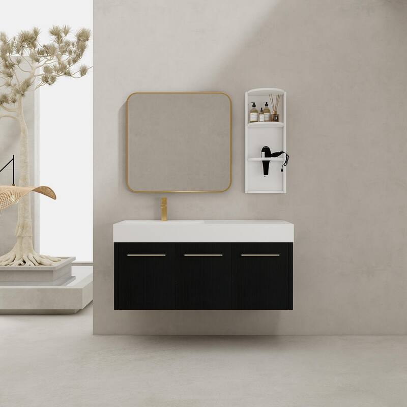 Wall mounted bathroom vanity with sink and storage shelf