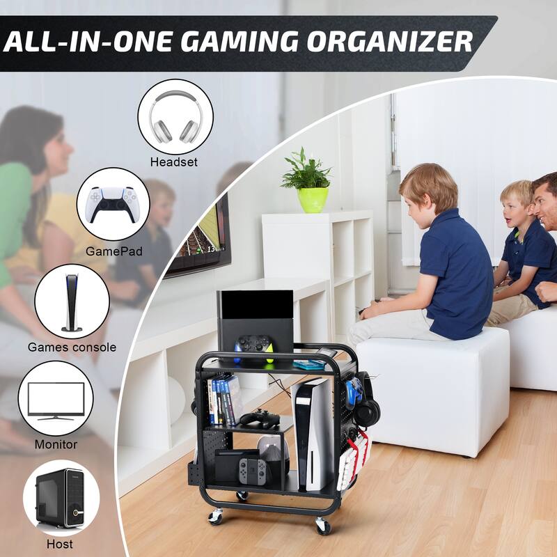 Gaming Organizer Cart with Multi-Level Storage and Wheels