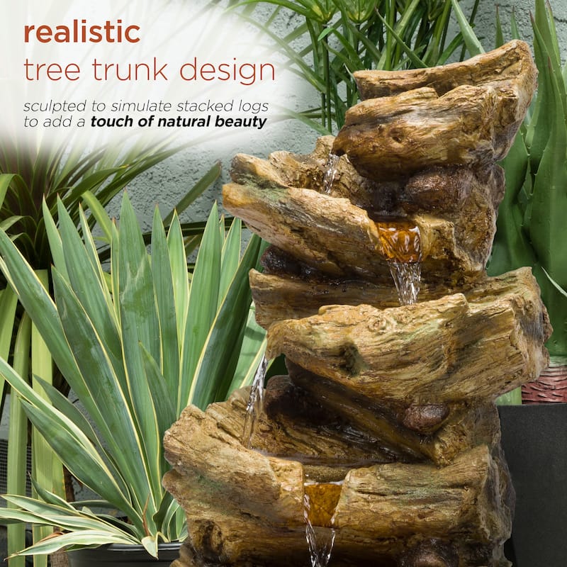 Alpine Corporation 24" Outdoor 4-Tier Log Fountain with LED Lights, Cascading Tree Trunk Feature for Garden, Rustic, Brown