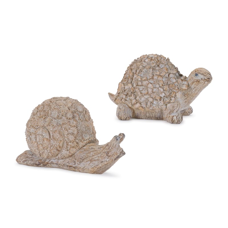 Turtle and Snail with Floral Shell Decorations - 7" - Brown - Set of 2