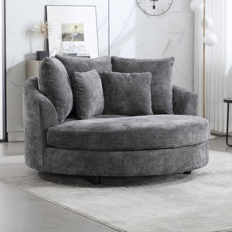 Modern Sofa Chair Round Accent Barrel Chair With 5 Pillows and Storage Ottoman - Chair/Charcoal/Chenille
