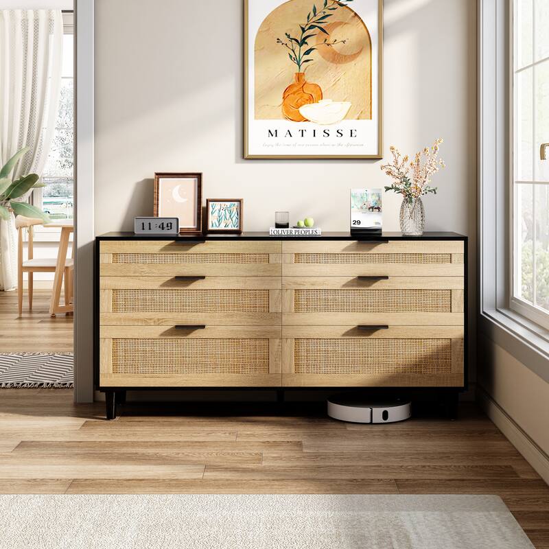 6 Drawers Rattan Dresser, Wooden Storage Wardrobe Dresser, Floor Standing Storage Cabinet with Metal Handle & Wood Legs