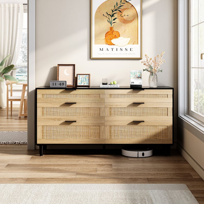Bedroom Rattan Dresser with Drawers - Black