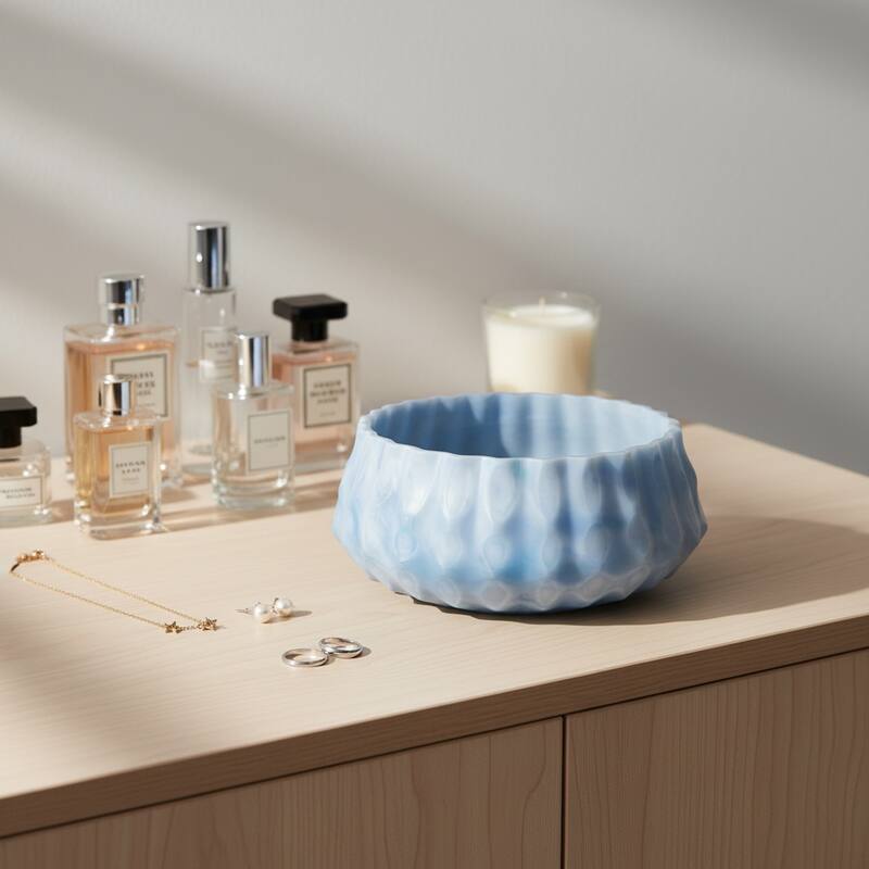 Decorative Modern Carved Glass Accent Bowl - 12", Blue - 11.75"