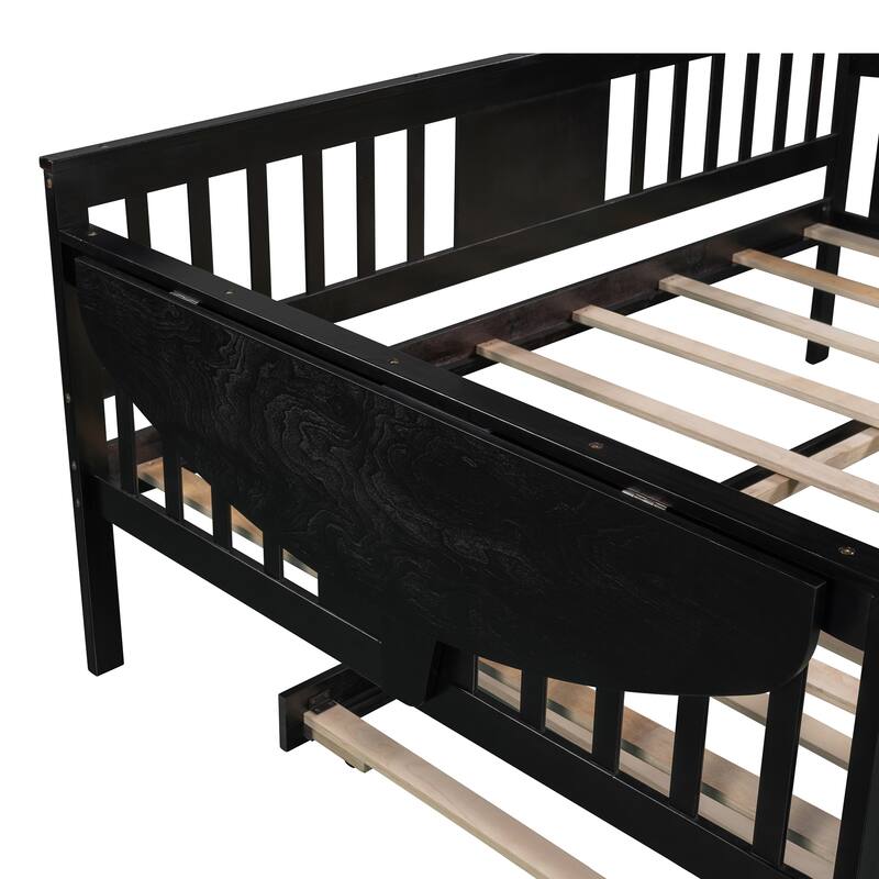 Twin/Full Size Daybed with Trundle Bed, Wooden Sofa Bed for Kids' Rooms and Guest Rooms, Sturdy Pine Wood Frame