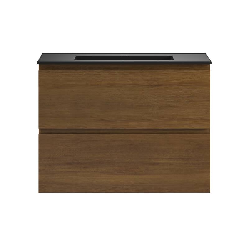 Liberte 30" Wall-Mounted Bathroom Vanity In Brown Oak With Black Sink Top - 30