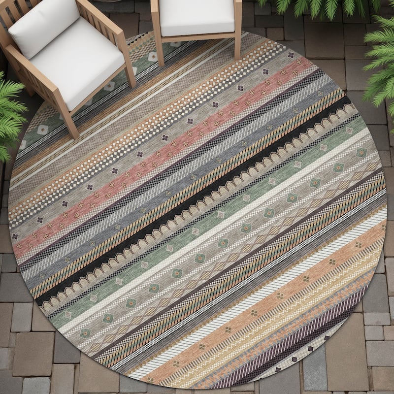 Machine Washable Indoor/Outdoor Boho Stripes Chantille Rug - Khaki - 8' x 8'