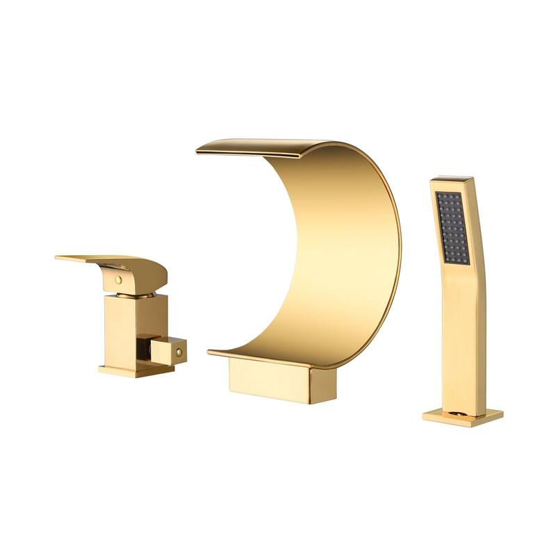Polished gold Bathtub Faucet Waterfall Mixer Faucet with Hand Shower Deck Mount - 7'6" x 9'6"