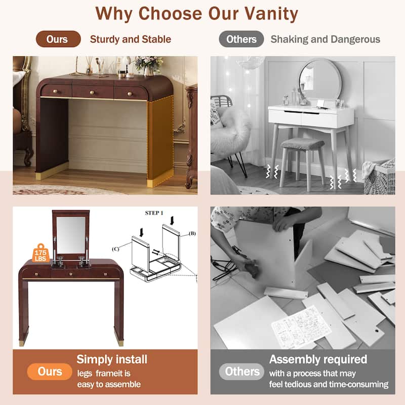 Roomfitters Flip Top Vanity Desk with Mirror and Hidden Storage, Modern Makeup Table with Gold Trim for Small Space