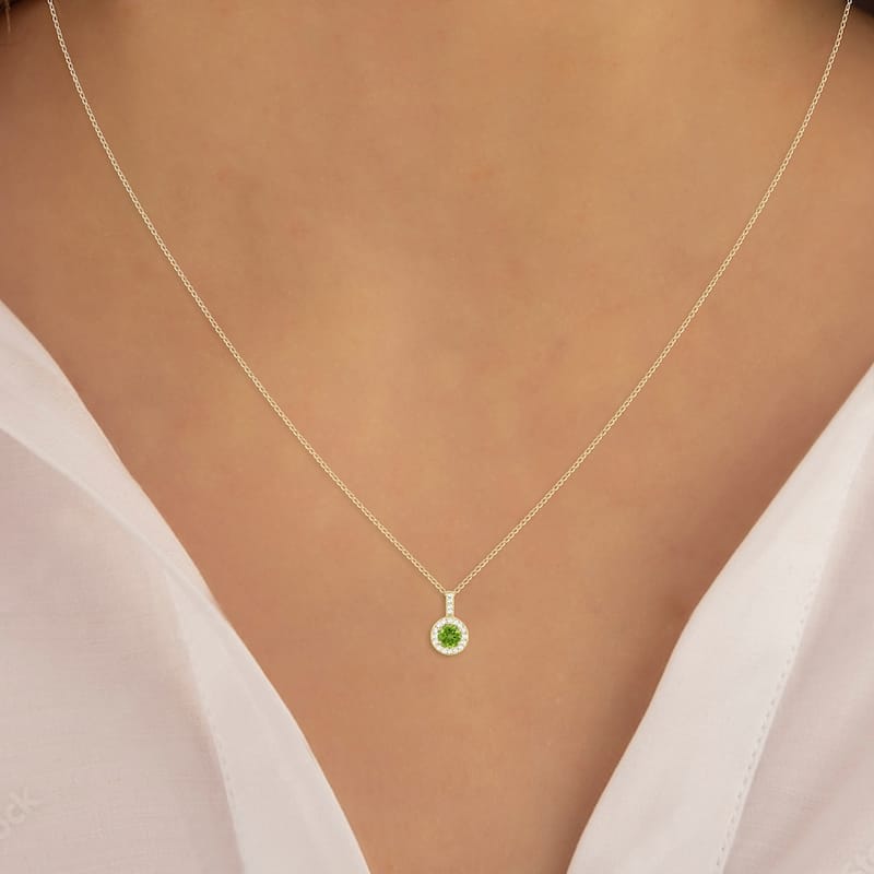Marquee 1/2 Carat TW Halo Peridot And Diamond Pendant in 10K Yellow Gold