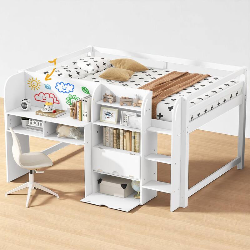 Full Loft Bed with Built-in Desk, Bookshelf, Storage Cabinets, Ladder and Whiteboard, Space-Saving Design