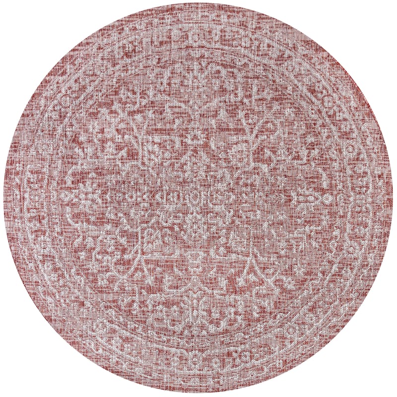 JONATHAN Y Medallion Textured Weave Indoor/Outdoor Area Rug - 5' Round - Red/Taupe