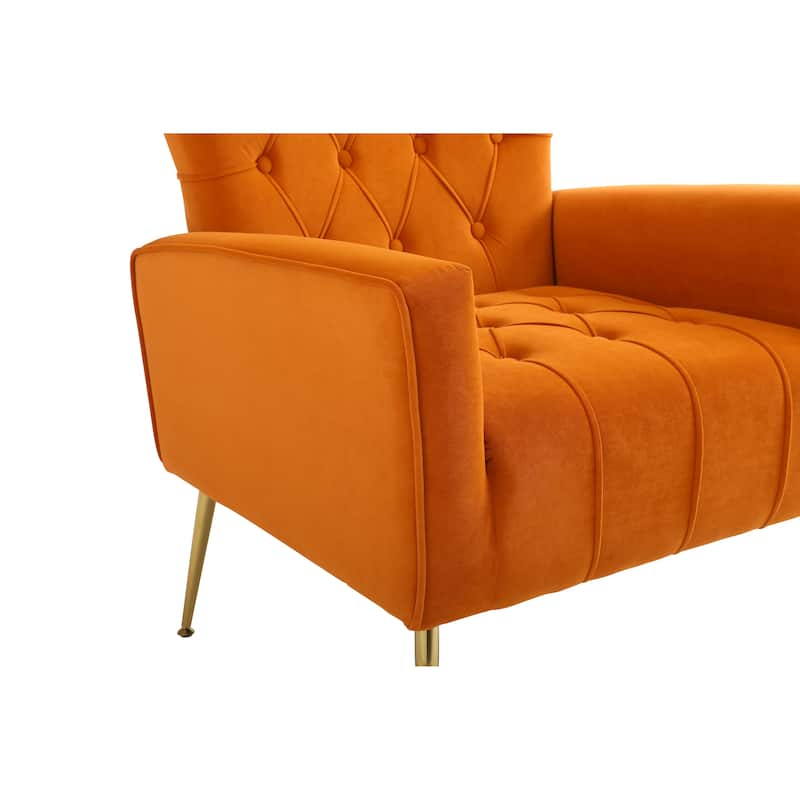 Orange Modern 31.5" Velvet Upholstered Buttons Tufted Arm Chair with Ottoman and Iron Legs