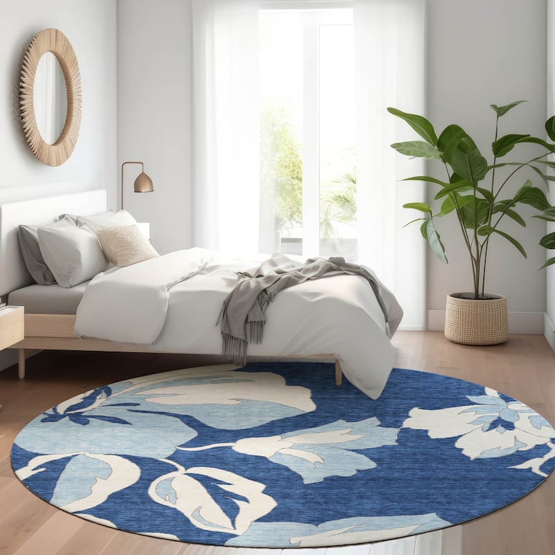 Premium Washable Super Soft Modern Floral Mayfield Rug - Navy - 8' x 8'