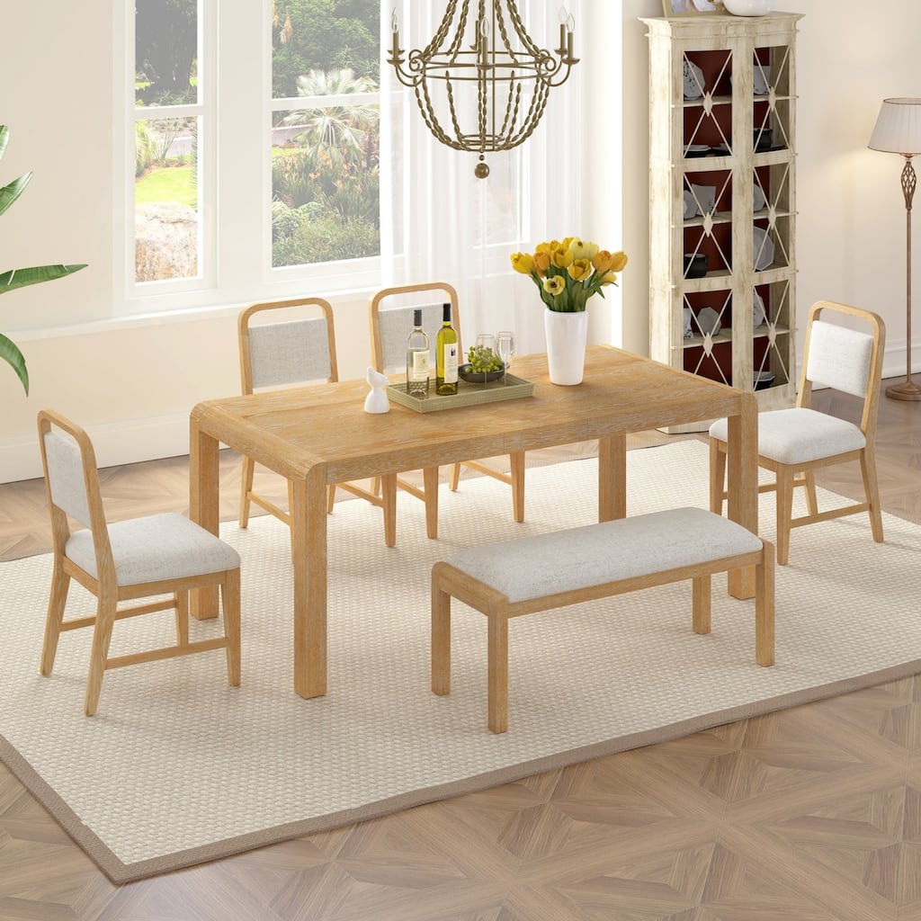 6-Piece Set, 59.8" Extendable Wooden Dining Table with 4 Chairs and 1 Bench