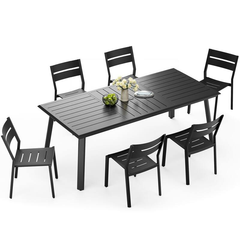 7/9/11 Piece Set Outdoor Aluminum Dining Table with Umbrella Hole for 6-10 Person and Stackable Dining Chairs - Set of 7 - with armless chair