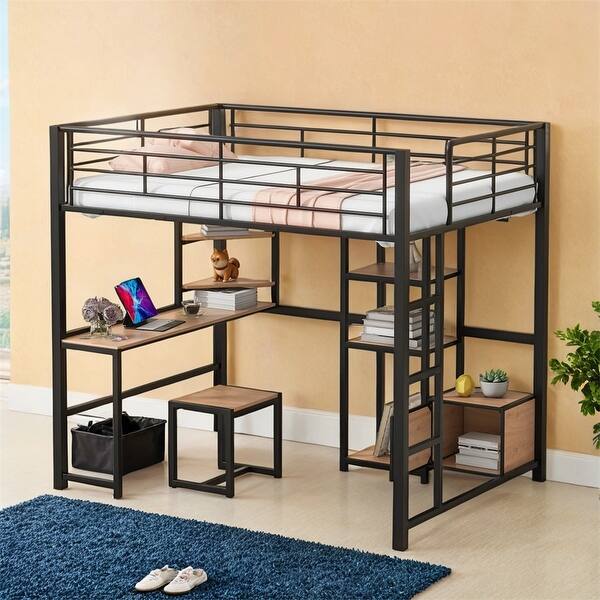 slide 2 of 27, Loft Bed with Desk and Stool,Metal Loft Bed with Open-Style Wardrobe