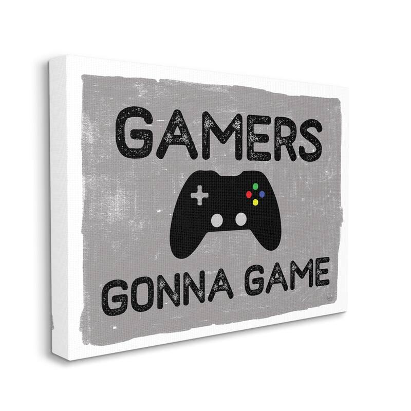 Stupell Gamers Gonna Game Phrase Controller Distressed Pattern Canvas Wall Art - Grey