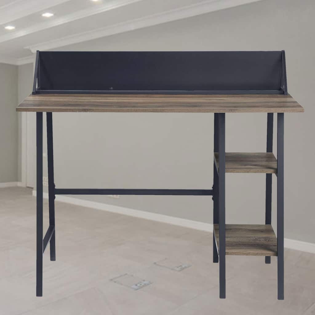Modern Writing Desk with Metal Base, 2-Tier Shelf Storage, and Smartphone/Tablet Holder for Workspace Organization