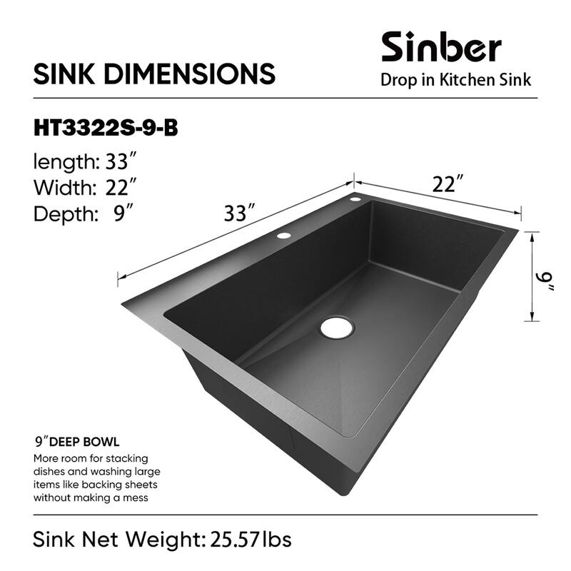 Sinber Drop in Single Bowl 304 Stainless Steel Kitchen Sink