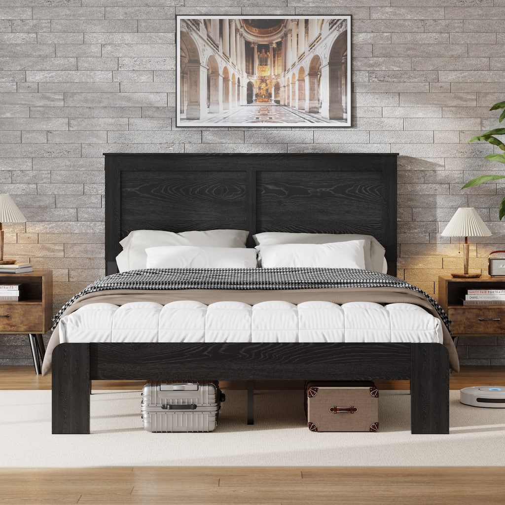 Classic Metal and Wood Bed Frame, Wooden Platform Bed with Headboard and Footboard, Large Under Bed Storage