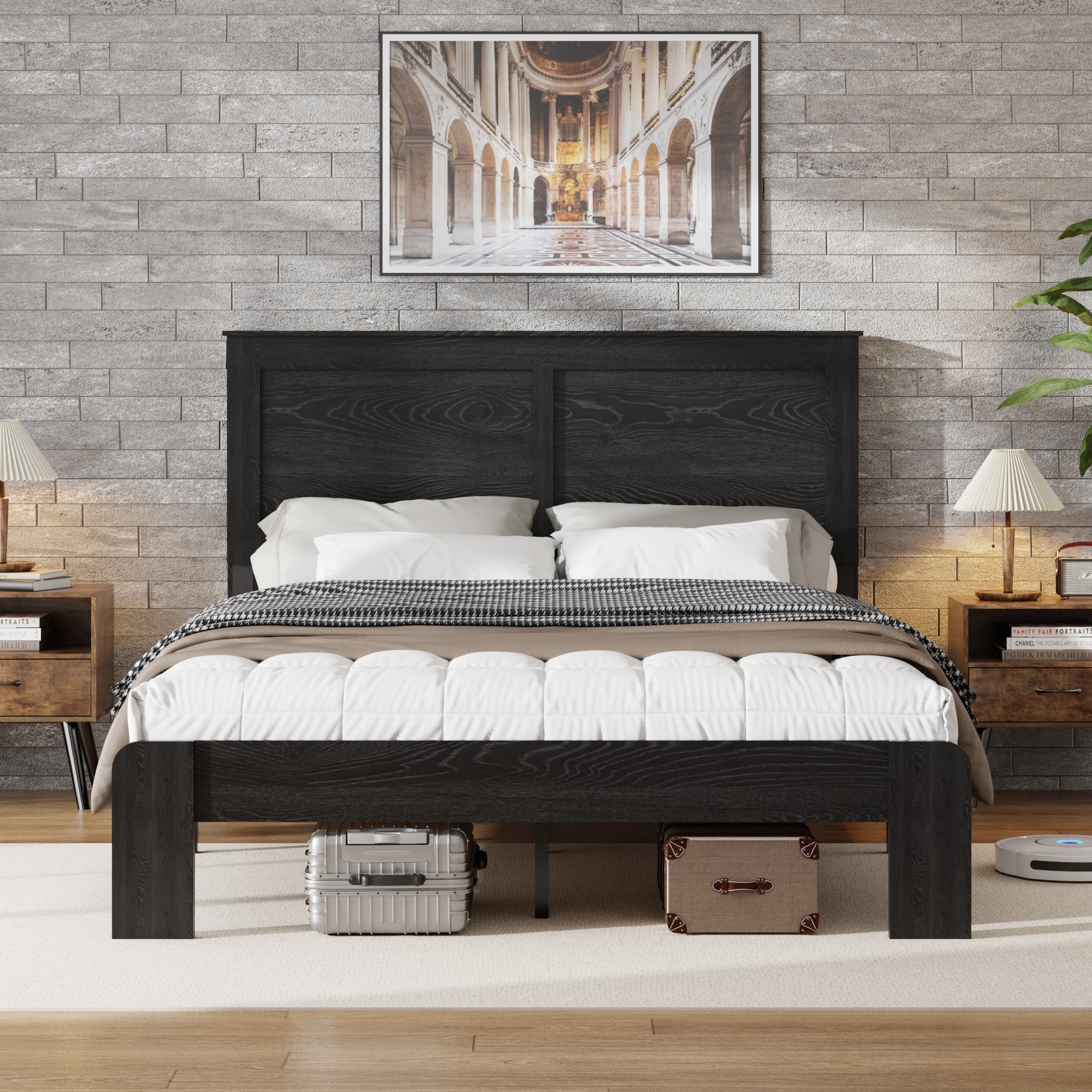 Queen Size Wood Antique Black Platform Bed Frame with Wood Headboard