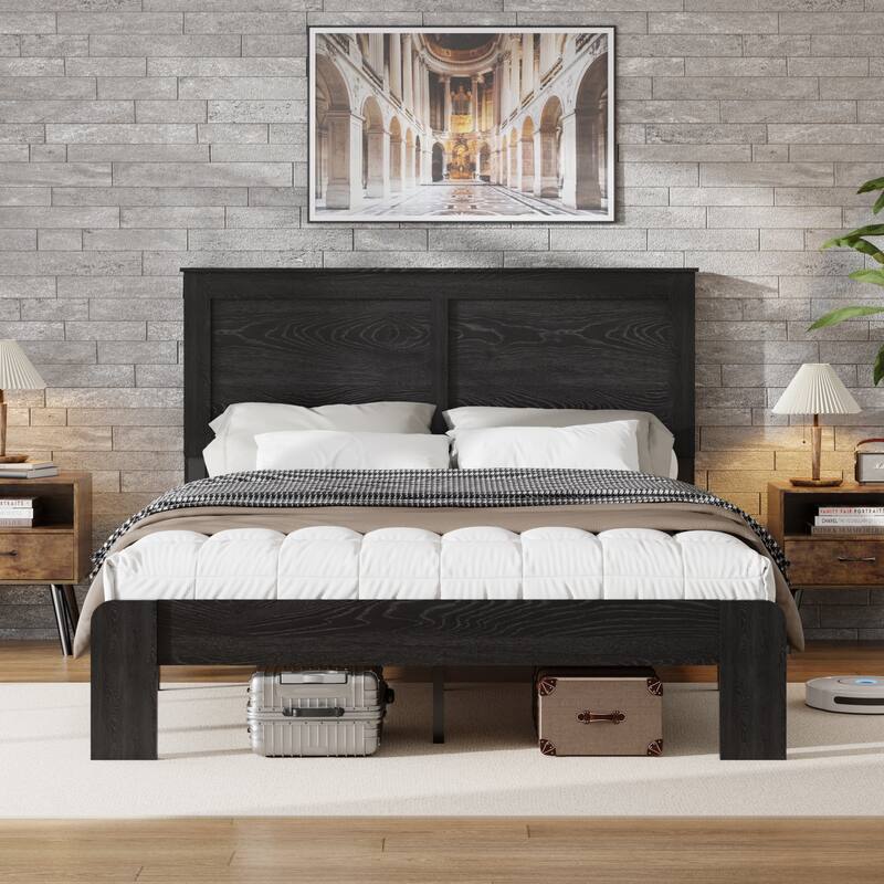 Wooden Bed Frame, Platform Bed with Large Under Bed Storage Space - Dark Black - Full