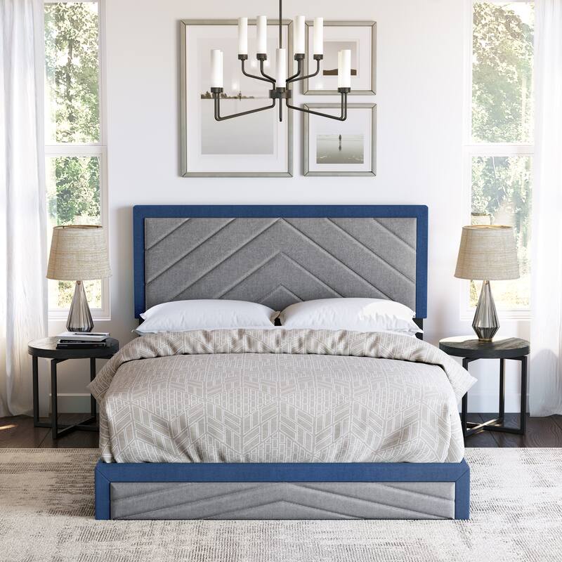 Boyd Sleep Barcelona Diagonal Linen Upholstered Platform Bed Frame - Blue - Queen