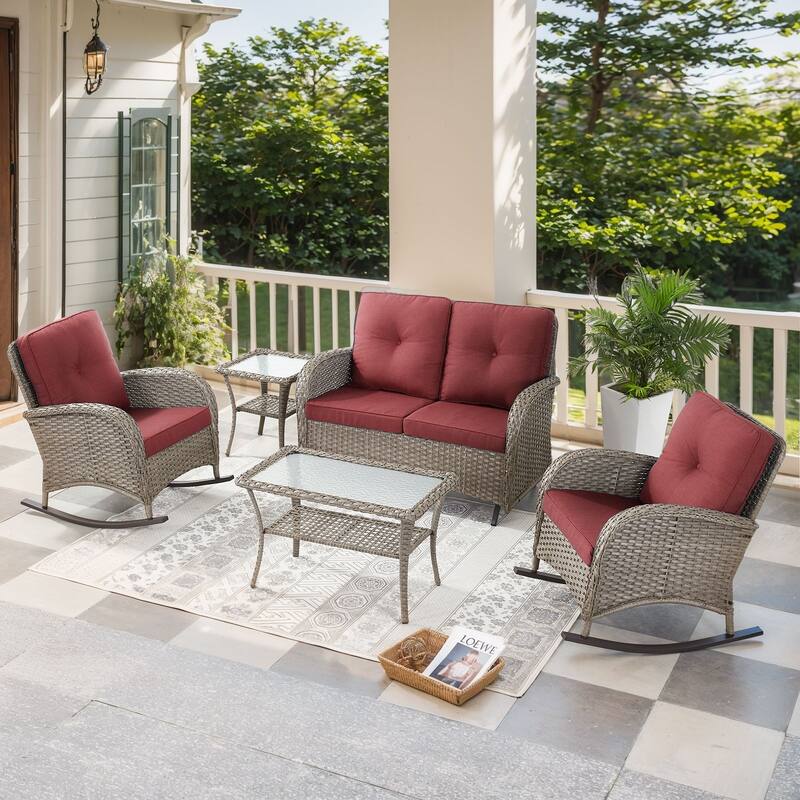 Outdoor Glider Sofa Rocker Chairs Table Grey-Red - Grey - Grey - Red