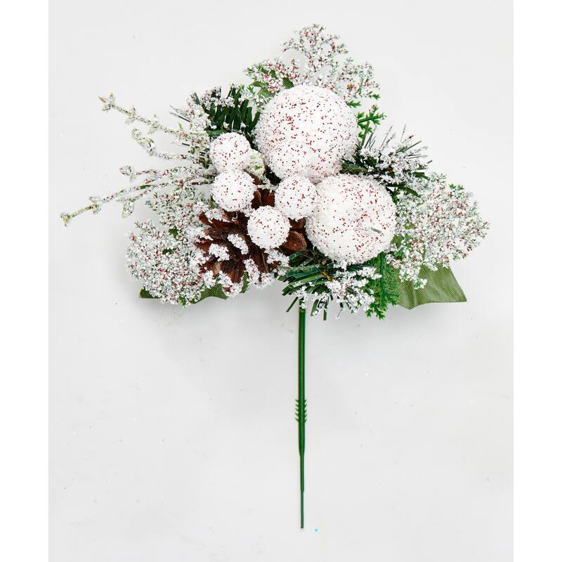 8" Snow Covered Apple Pine Cones Berries Pick, Set of 12 - White - 8