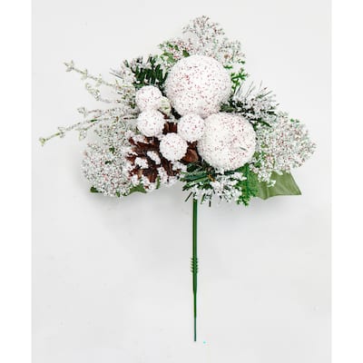 8" Snow Covered Apple Pine Cones Berries Pick, Set of 12 - White - 8