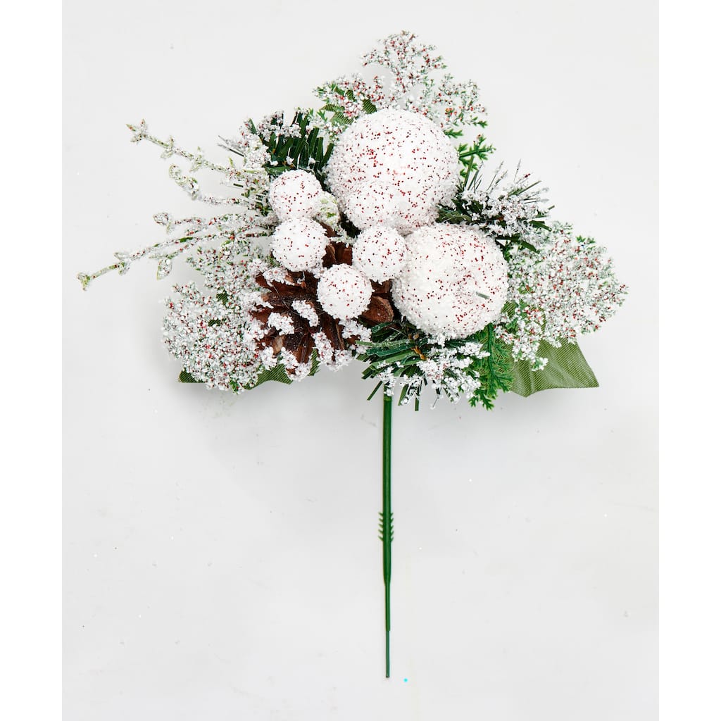 8" Snow Covered Apple Pine Cones Berries Pick, Set of 12 - White - 8