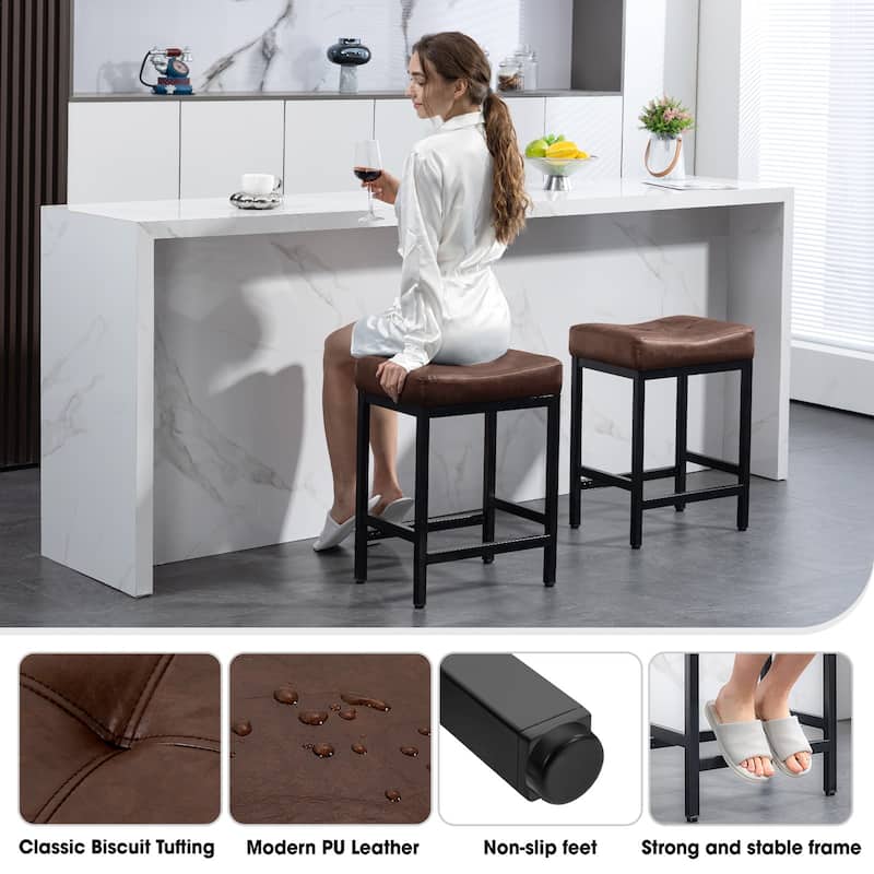 Upholstered PU Leather Bar Stools Set of 2, 24" Counter Height Saddle Bar Stools