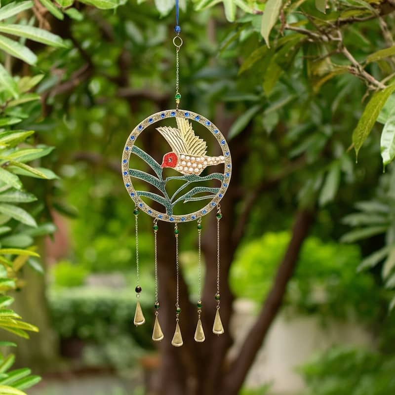 Wood Metal Mosaic Hummingbird Wind Chime Hanging Decor - 35" Green - 12" x 1.25" x 35"
