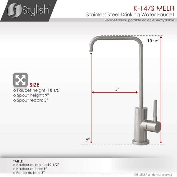 dimension image slide 1 of 2, STYLISH Kitchen Sink Drinking Water Tap Faucet in Stainless Steel - Faucet Height: 10 1/2" | Spout Height: 9"