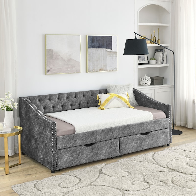Mid-Century Linen Upholstered Daybed Platform Bed Frame with Storage Drawers, Button Tufted Back and Nailhead Trim Arms