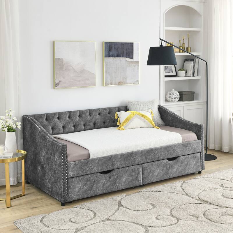 Twin Size Linen Upholstered Daybed Frame with 2 Drawers, Buttons Tufted Backrest, Copper Nail Decoration - Grey