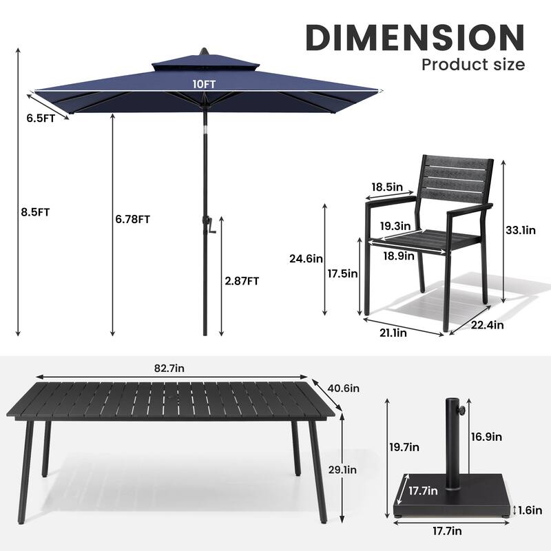 11-Piece Patio Dining Set w/10 ft Umbrella and Base, Rectangle Aluminum Table and 8 Stackable Chairs