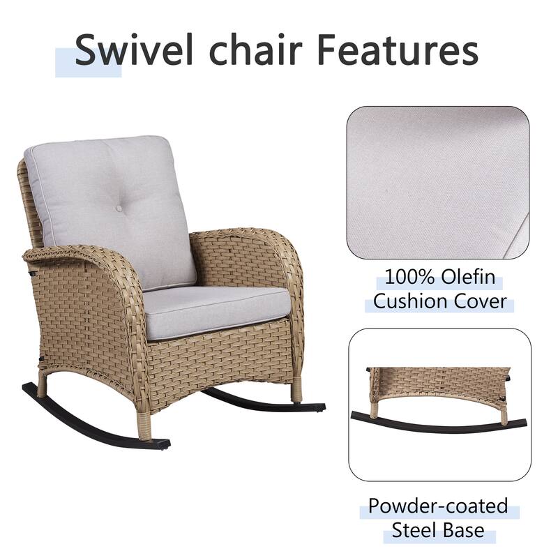 PlainCurve 3-Piece Wicker Outdoor Patio Conversation Set with Rocking Chairs and Olefin Cushions