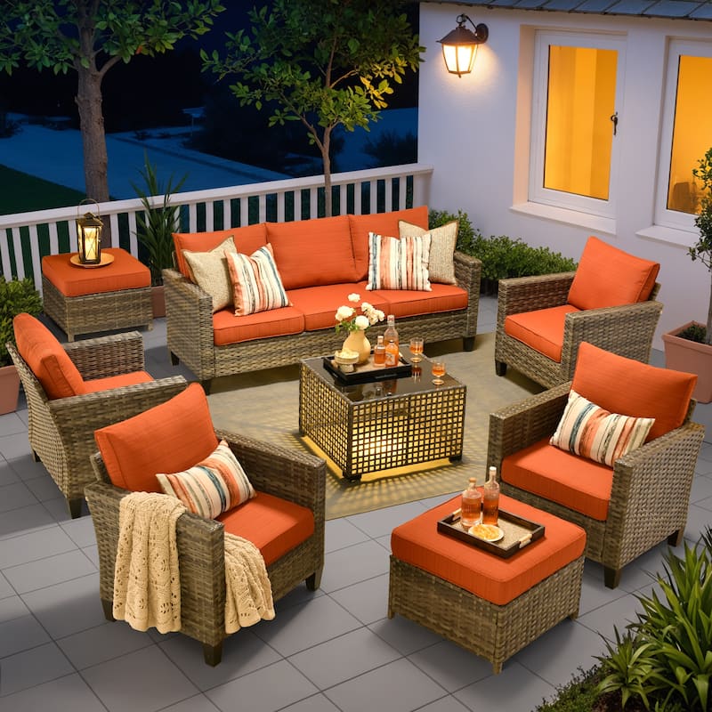 OVIOS 8 Pieces Outdoor Wicker Sectional Set With Solar-Powered CoffeeTable