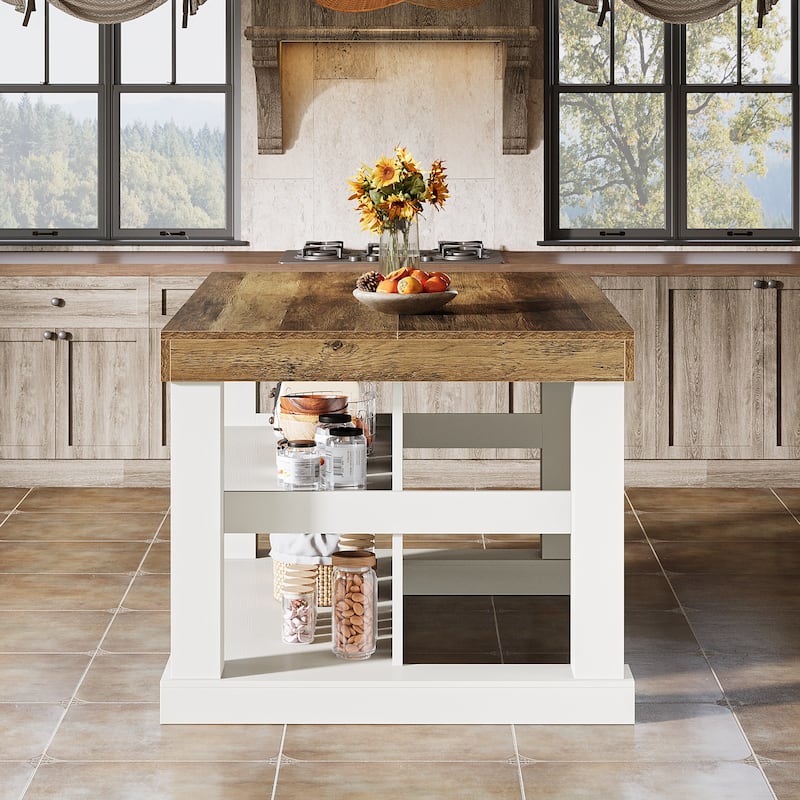 59 Inch Stationary Kitchen Island with Seating and Shelves, Farmhouse Style - 31.5" D x 55.12" W x 35.43" H