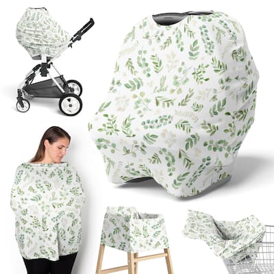 Sweet Jojo Designs Floral Leaf Boy Girl 5 in 1 Baby Car Seat Nursing Cover Green White Boho Bohemian Watercolor Flower Woodland