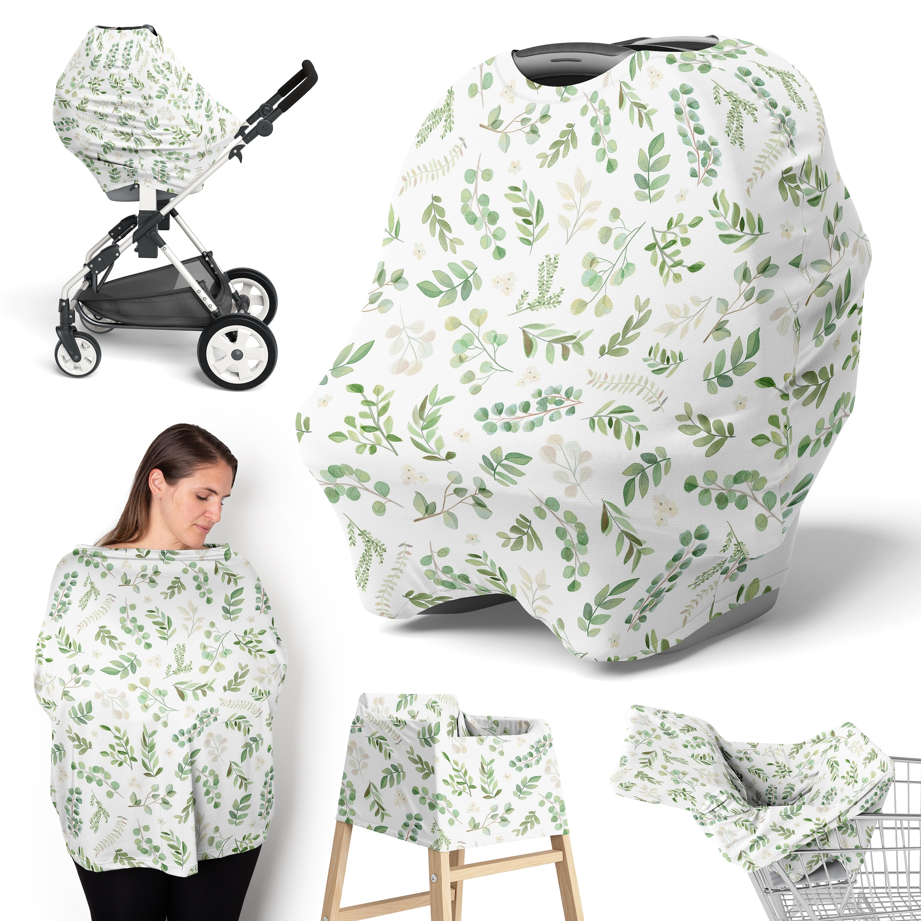Sweet Jojo Designs Floral Leaf Boy Girl 5 in 1 Baby Car Seat Nursing Cover Green White Boho Bohemian Watercolor Flower Woodland
