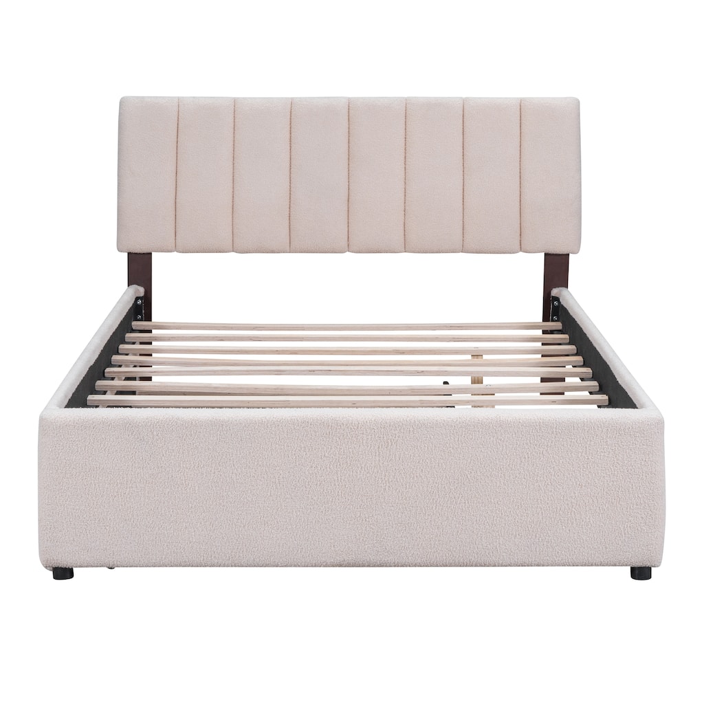 Full/Queen/Twin Teddy Fleece Upholstered Platform Bed with Trundle, LED Lighting, and Storage, Durable Frame, Beige/Grey