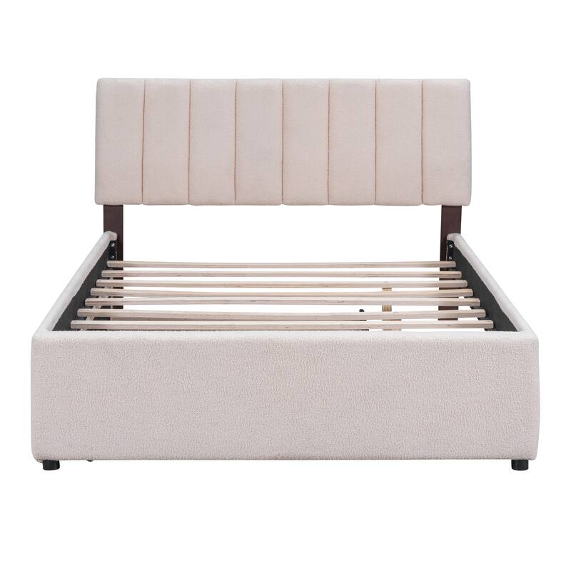 Full Upholstered Platform Bed with Teddy Fleece, Twin Size Trundle, and LED Lights for Sleepovers