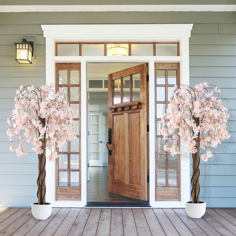 White Polyester PE Solid Wood Cherry Blossom Tree 5.5ft with Cement Pot
